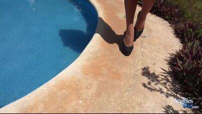 Magnificent TransBabe stroking her Mega Penis by the Pool in HD - hotmovs.com