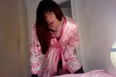 Jess Silk Riding Dildo In Pink Satin Robe And Hot Pink Nightie With Red Wig - shemalez.com