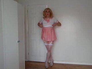 Cute pink and white costume with stockings - ashemaletube.com
