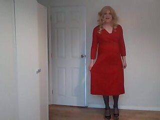 Red dress, black stockings, no panties - ashemaletube.com
