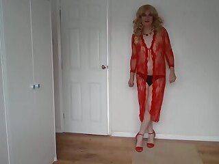 Red lacy gown and taking off my black panties - ashemaletube.com